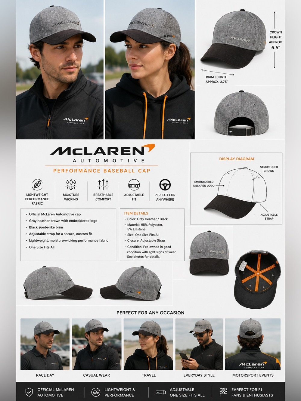 McLaren Automotive Gray Performance Adjustable Baseball Cap Black Suede Brim